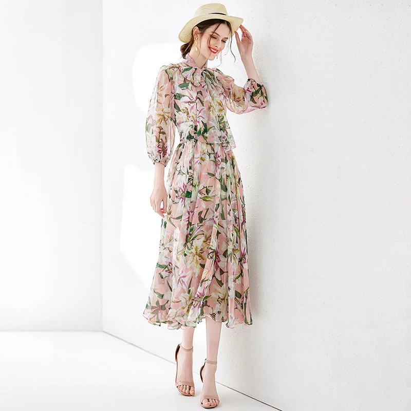 Moonaaliisaa подиумное летнее платье женское с принтом лилии рукавами милое шифоновое