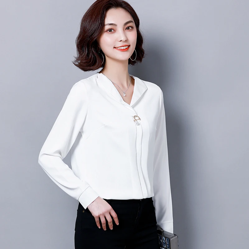 

Blusas Mujer De Moda 2021 Womens Tops And Blouses Beading Solid V-Neck Women Long Sleeve Shirts Chiffon Blouse Plus Size 2207 50