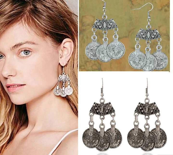 Винтажные серьги-капельки Zamac из тибетского серебра с серебряной монеткой