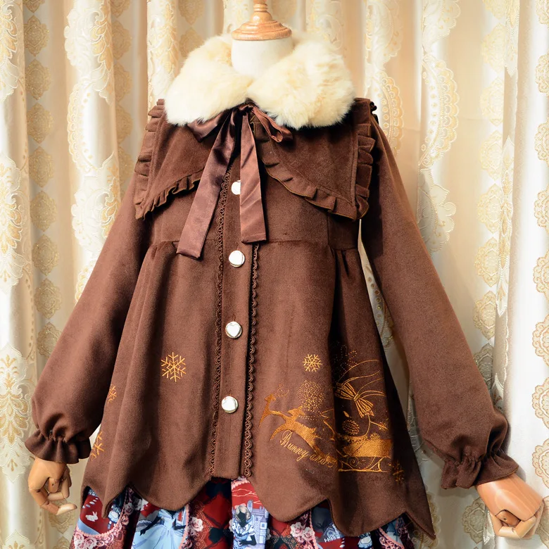 

Зимнее Новое Женское милое шерстяное пальто из смешанной шерсти с меховым воротником милый мультяшный кролик мягкое пальто для сестры Рождественский красный длинный наряд