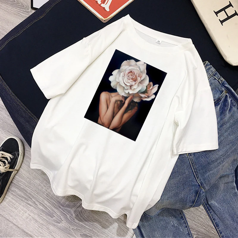 Новинка, хлопковая Женская Футболка Harajuku, эстетическая футболка с цветочным принтом, короткий рукав, женская футболка, топы, модная парная футболка