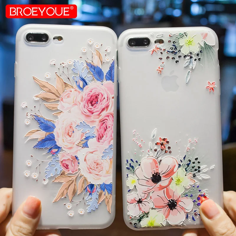 BROEYOUE Case For iPhone 7 8 6 6S Plus 5 5S SE X 3D Relief Soft Silicone TPU Flowers Cases Fundas Cell Phone |