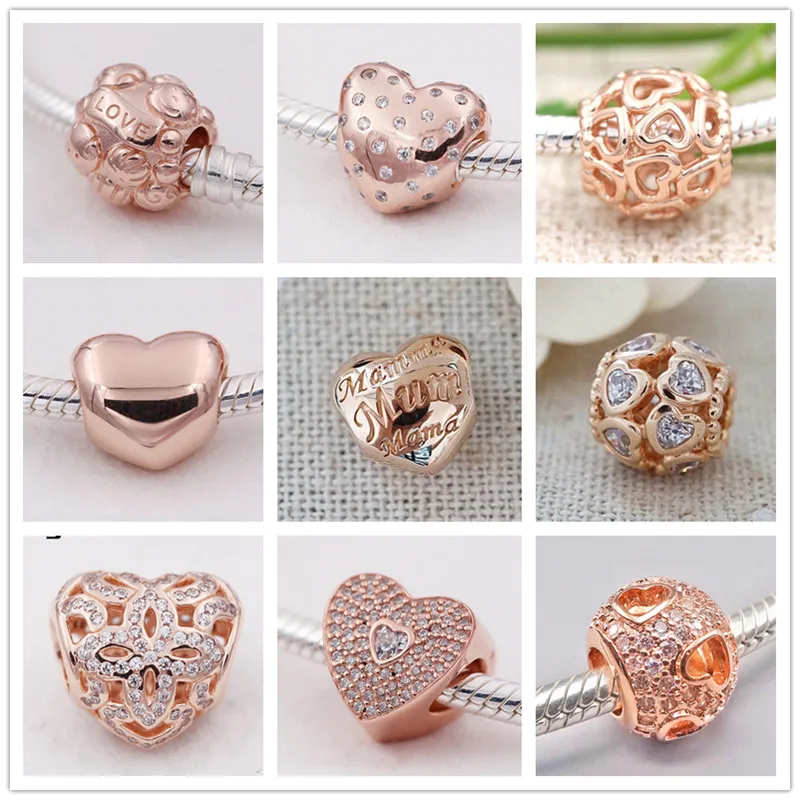 Silver hearts charms with rose gold fit 925 sterling silver bead Bracelet necklace DIY pendant for jewelry making Jewyuer BE174 | Украшения