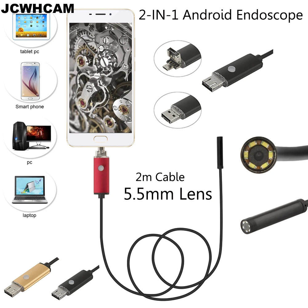 Камера Эндоскоп JCWHCAM 5 мм OD USB Android гибкая Водонепроницаемая трубка IP67 2 м для