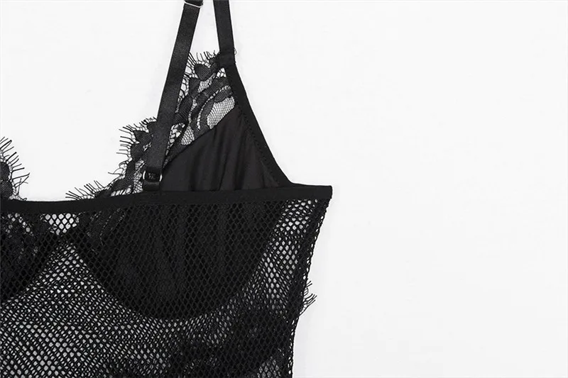 Mesh Lace Lady Club Bodysuit Femme Body Bodycon Black White Women Sexy Rompers Skinny Spaghetti Strap Bodysuits Tops M0106