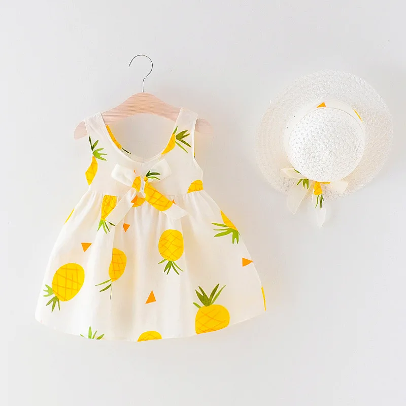 lovely Infant Kid Baby Girls Dress summer sleeveless vest Clothes Fruit pineapple printing Children Princess bow Dresses cap | Детская