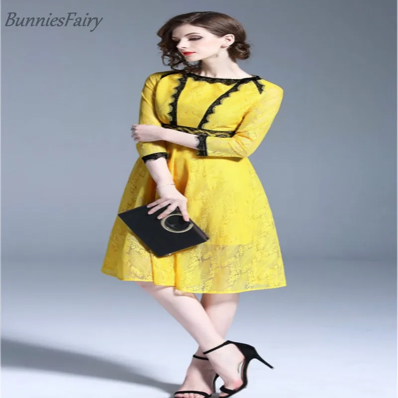 BunniesFairy 2018 новые летние Для женщин Элегантный Желтый Кружева Платье черное с