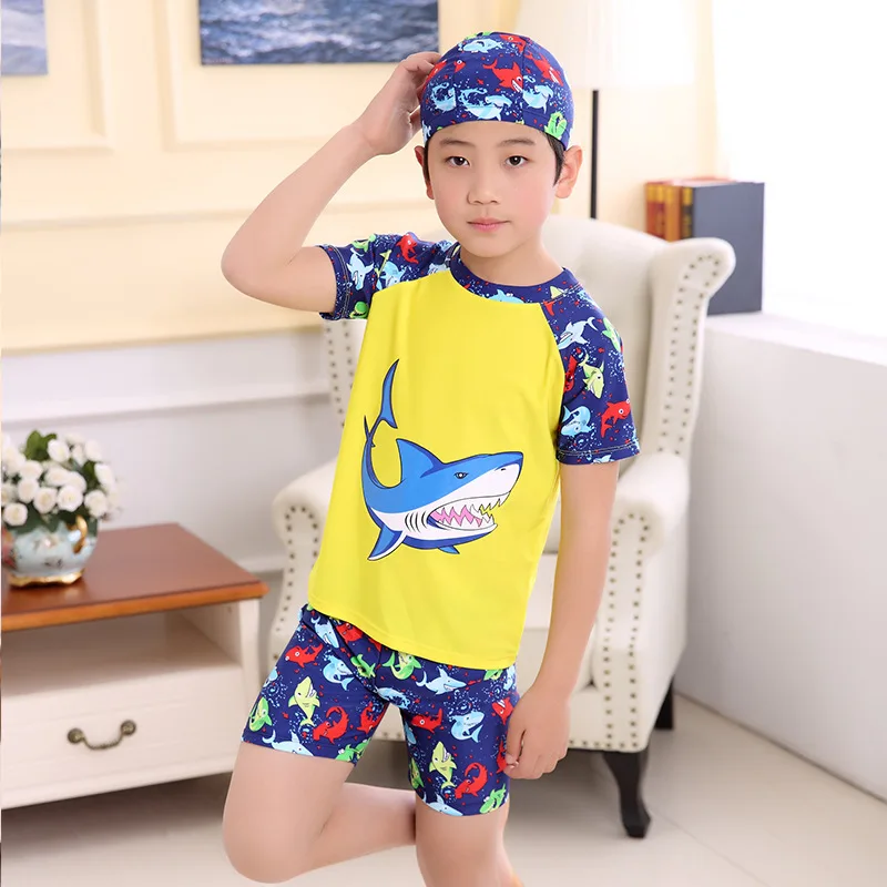 Shark Yellow 3 шт./компл. мальчиков Плавание ming костюмы пляжная Плавание, костюм для детей, мальчиков, Плавание шапки со штанами и футболкой для мальчиков Плавание костюм G5-K364 - Цвет: Shark Yellow