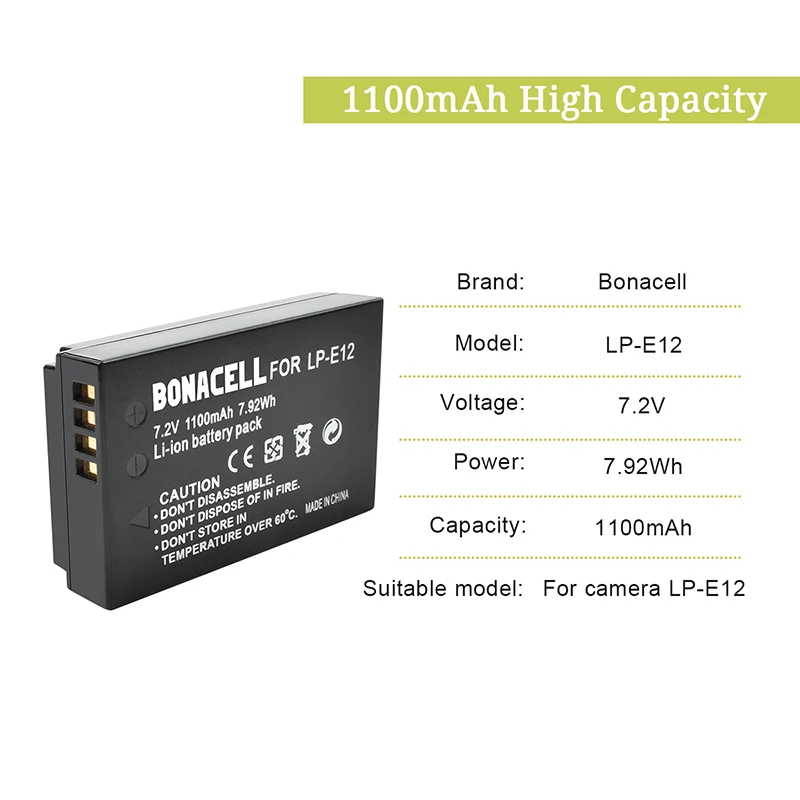 Bonacell 1100 мАч LP E12 аккумуляторы + зарядное устройство для Canon Rebel SL1 EOS 100D M M2 M10