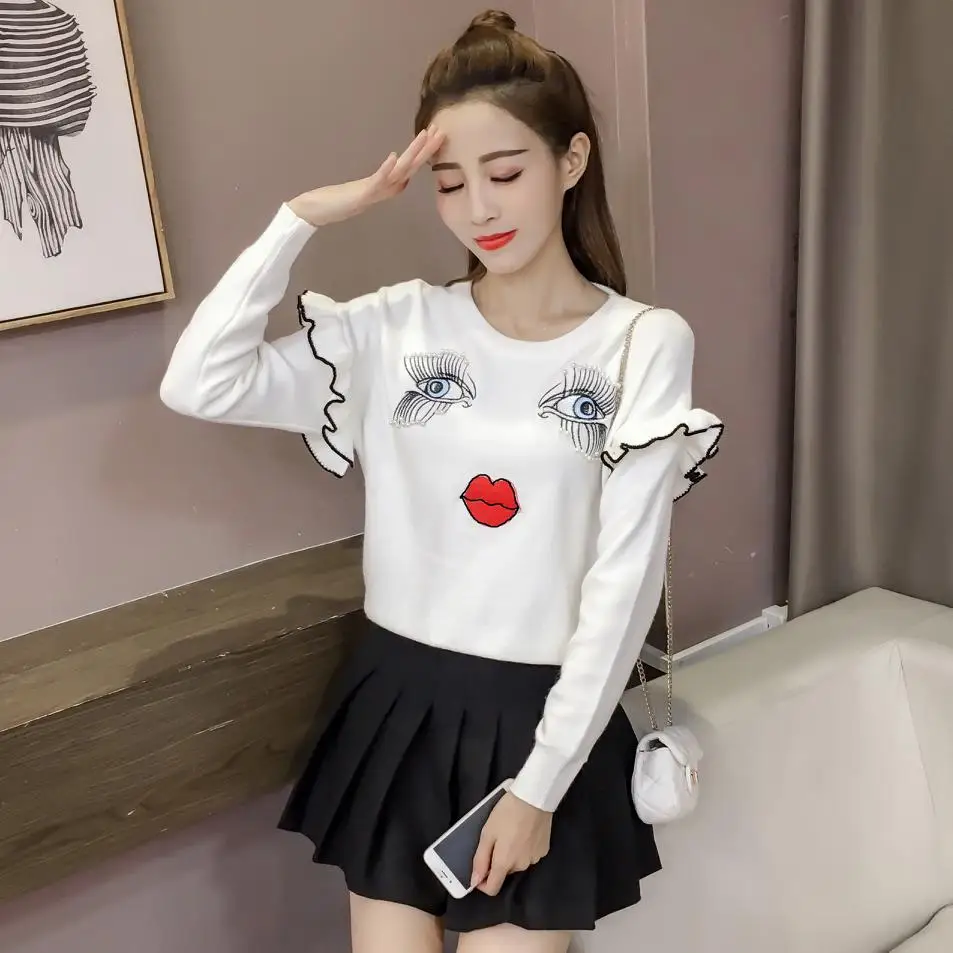 sweater women spring autumn winter 2017 feminina thin pullover fashion falbala embroidery nail bead white female A4542 | Женская одежда