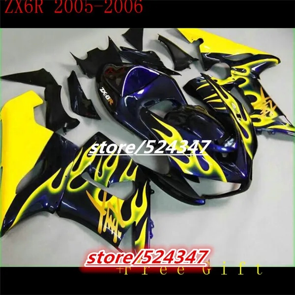 

Market hot sales manufacturers ZX6R 05 06 ZX6R, 636, 2005, 2006 smooth ink black motorcycle fairing of pale yellow blue flame