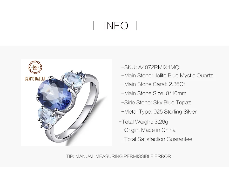 Gem's балетные Твердые 925 пробы серебряные ювелирные изделия 2.36Ct натуральный иолит голубой мистик кварц Небесно Голубой топаз кольца для женщин
