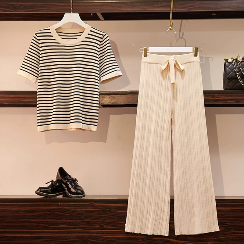 ALPHALMODA Женская Полосатая трикотажная футболка топ + Широкие трикотажные брюки