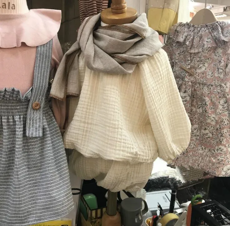 INS/Хлопковые льняные футболки с длинными рукавами для малышей топы и штаны из