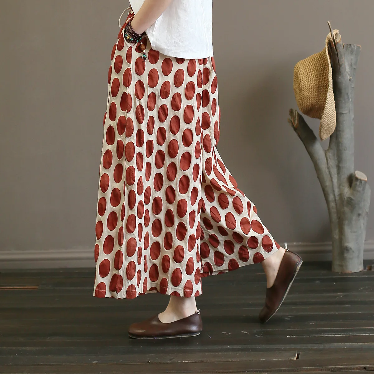 Women Wide Leg Pants Elastic Waist Trouser Autumn New Plus Size Clothes Black Red Dot Cotton Quality | Тематическая одежда и