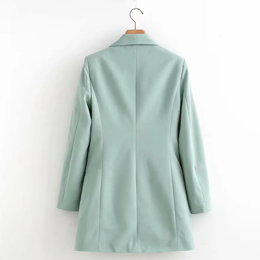 TXJRH Stylish Autumn Mint Green Double-breasted Buttons Blazer Boyfriend Style Fashion Women Mid Long Suit Coat Tops Femme