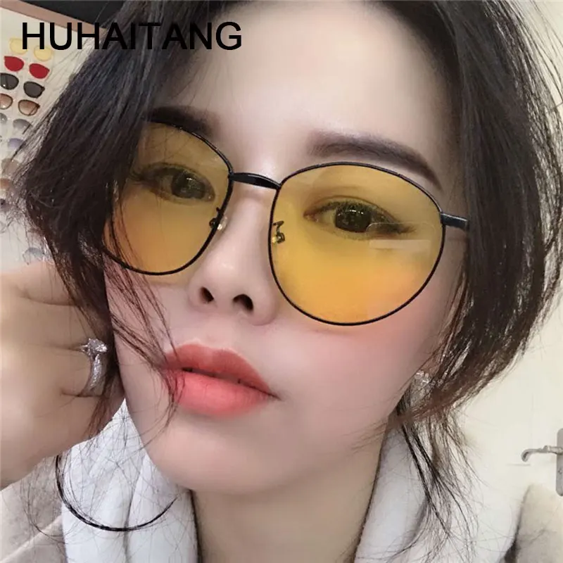 HUHAITANG винтажные Овальные Солнцезащитные очки для женщин, роскошные брендовые металлические круглые солнцезащитные очки для мужчин, дизайнерские уличные женские желтые солнцезащитные очки для мужчин s