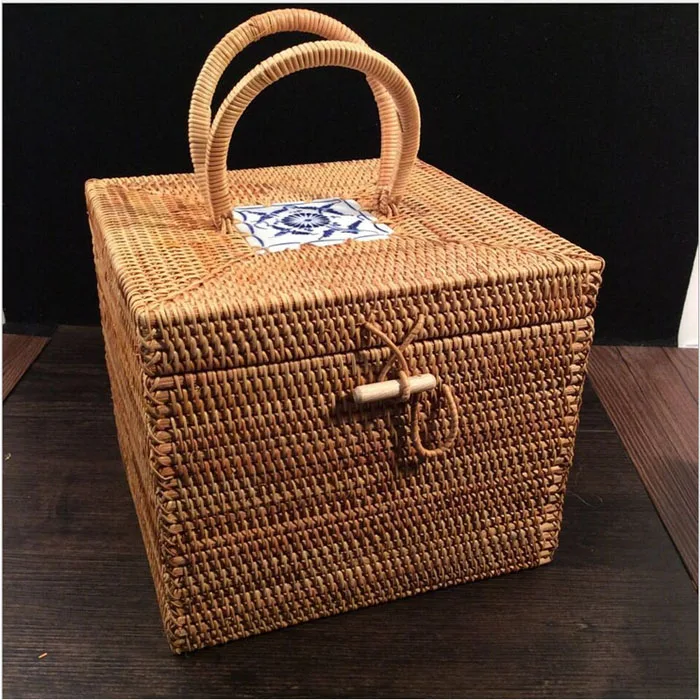 Large 22 x 19 cm Винтажная шкатулка для косметики и украшений органайзер для макияжа коробки из ротанга с крышками для чая жестяная ротанговая коробка для хранения ящиков для мелочей organizador большой - Цвет: Large 22 x 19 cm