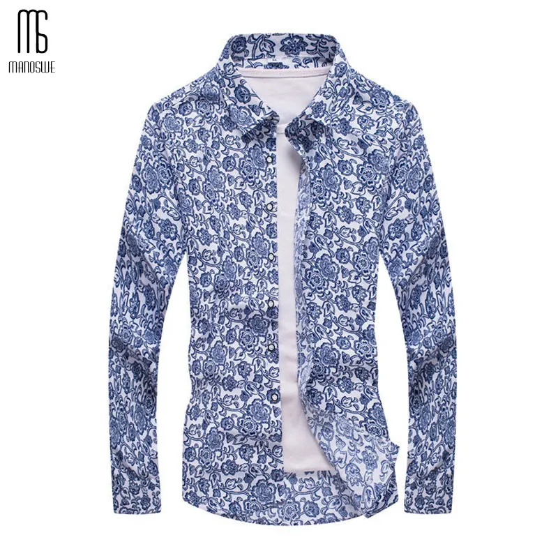 Цветочный принт Для мужчин рубашка тонкий топы с длинными рукавами модная
