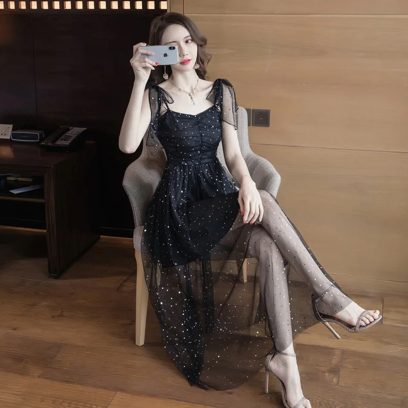 Plus Size A-line Dress 2019 Women Summer Black Sleeveless Spaghetti Strap Strapless Dot Mesh Casual Party Club Midi | Женская одежда