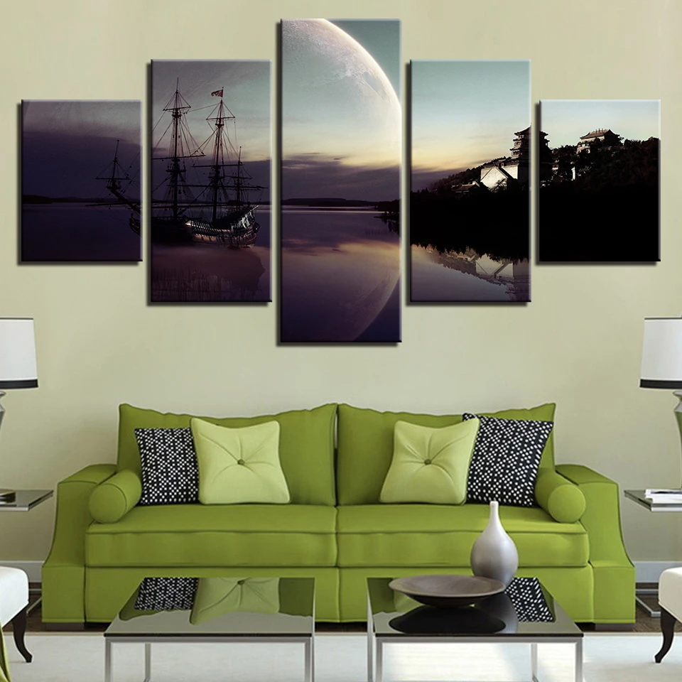 Landscape Sky Cloud Star Mountain River Hot Air balloon 5 Pieces Wall Pictures For Living Room color Painting Art Home Decor 87 | Дом и сад