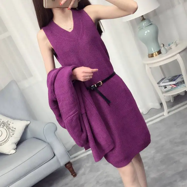 Женское трикотажное платье-свитер с поясом однотонный облегающий комплект из