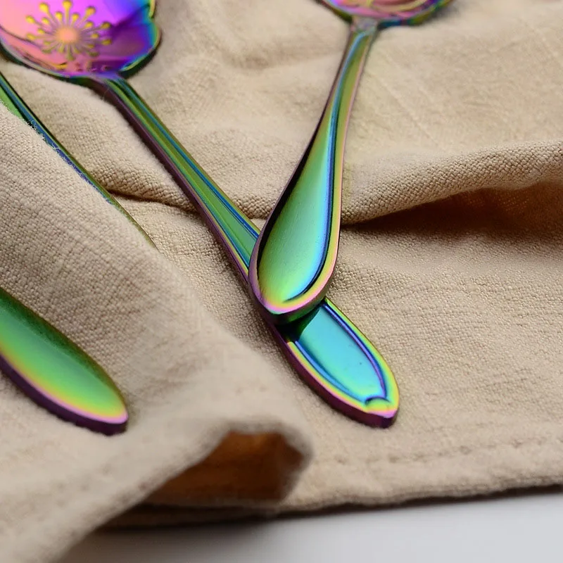 Золото из нержавеющей стали золочение цветок ложка цветная Радужная кофейная