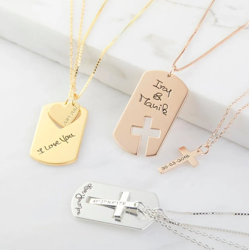 Персонализированный крест ожерелье мужское почерк почерка пара кулон с биркой