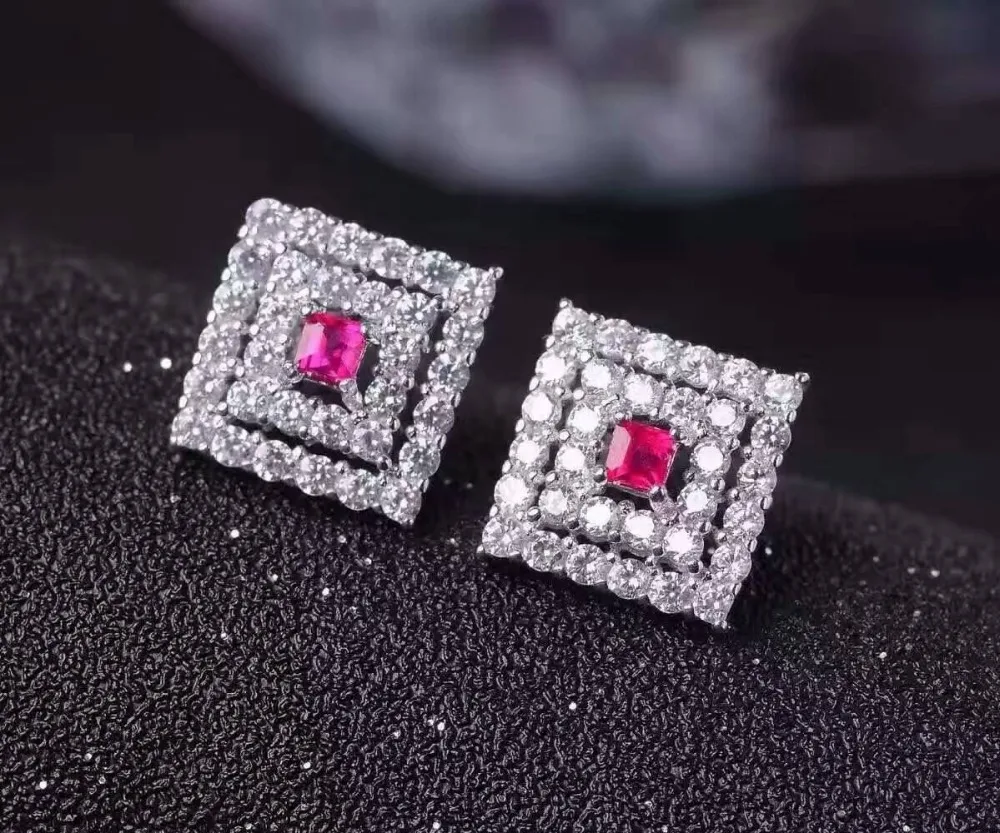 

natural ruby stone earrings 925 silver Natural red gemstone earring women classic square fine earrings jewelry for wedding