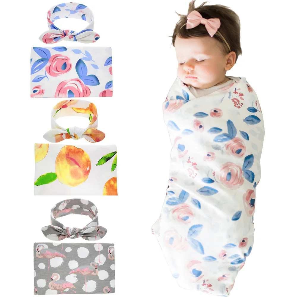 Headband Set Baby Toddler Swaddle Blanket Headband Flamingo Peach Flower Style Infant Sleeping Bag