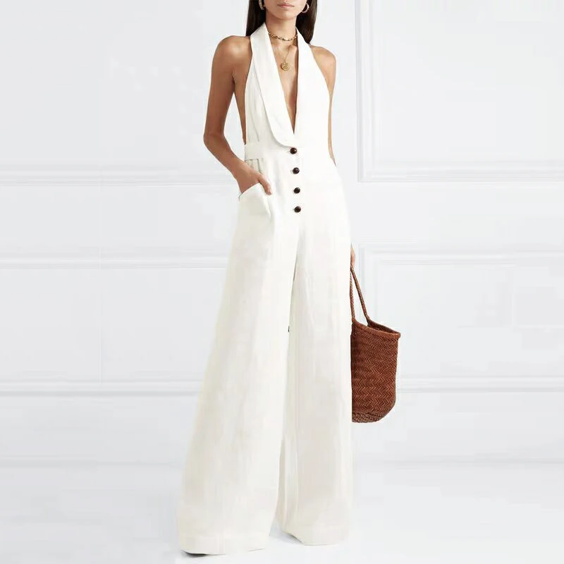 INDRESSME 2019 New Vestidos Women Sexy Deep V Halter Single Breasted Sleeveless Backless Party Summer Full Legs Jumpsuit | Женская