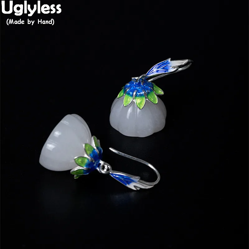 

Uglyless Real 925 Sterling Silver Ethnic Enamel Blue Lotus Earrings for Women Natural Jade Lotus Flower Earrings Vintage Brincos