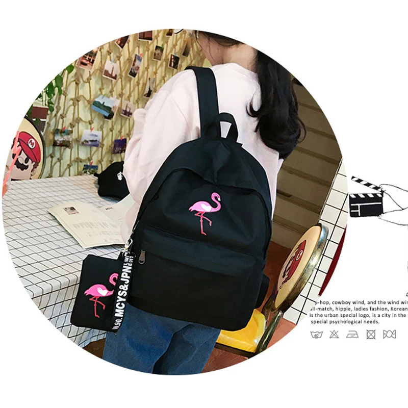 Harajuku school bag female Korean version of ulzzang high school students flamingo print campus college wind canvas backpack