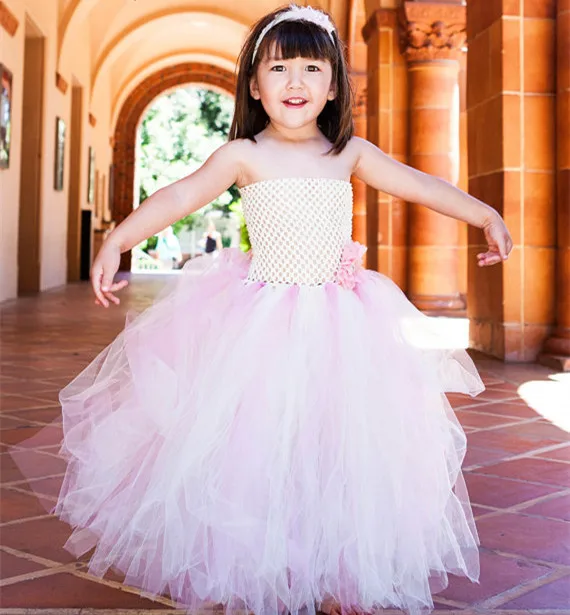 Beautiful Girl's Tutu Dress Toddler Crochet Tulle Tutus Long Ball Gown with Flowers Children Wedding Party Kids Clothes | Детская