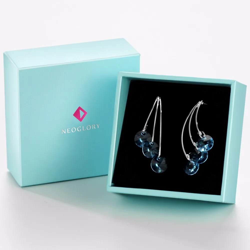 Серьги-подвески женские Neoglory серебристые синие с кристаллами 2020 - купить по