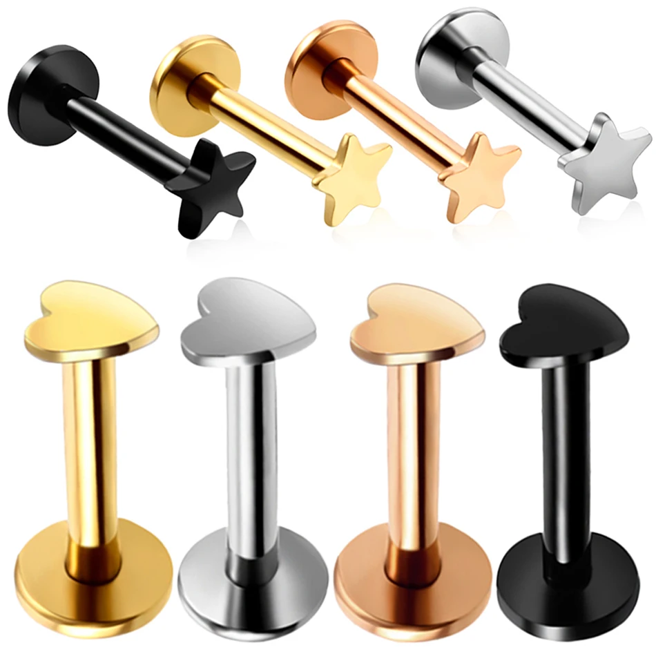 4 шт. стальных сердце звезда лого лабрет губа студ колец разных цветов 16G ухо хрящ трагус геликс штанга серьги модного ювелирного изделия.
