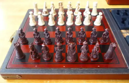 Exquisite Chinese wood Leather box with 32 pieces Chess Set