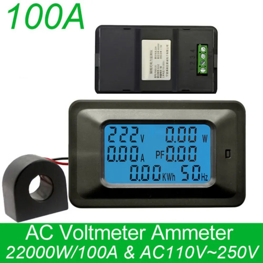 

110~250V 100A AC22KW Digital Voltage Power Energy Voltmeter Ammeter Meters Indicator Current Amps Volt Wattmeter Tester Detector