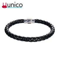 uunico 2018 fashion men jewelry wristband stainless steel bracelets bangles punk black braided leather pu bracelet for man gift