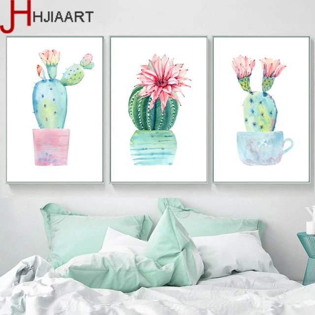 

Plant Wall Art Print Canvas Plant Cactus Pastel Poster Plant Picture In Cup for Living Room Home Decoration
