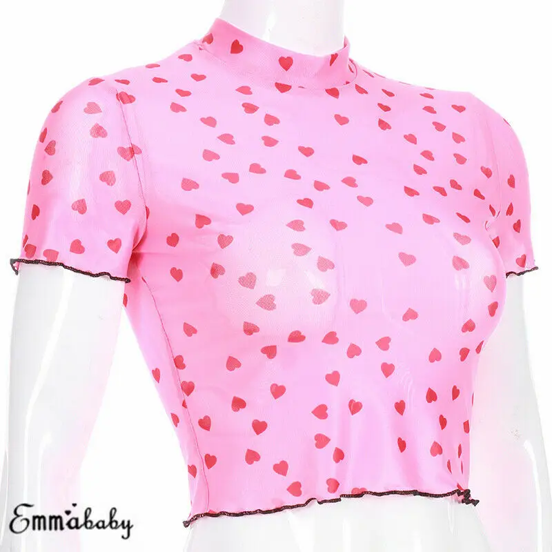 Женская сетчатая водолазка с маленьким красным сердечком 2019 прозрачные дымчатые