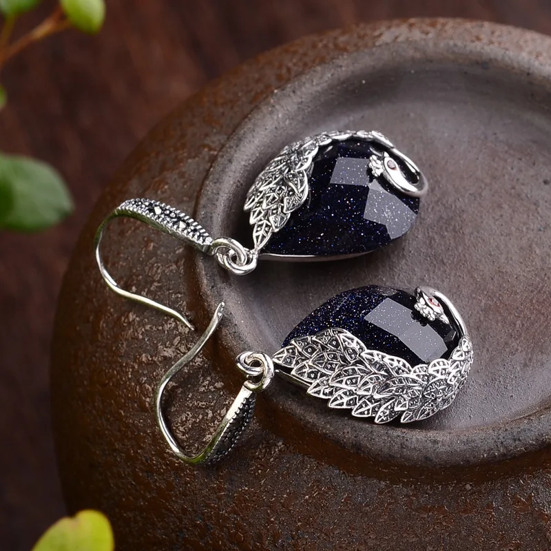 S925 sterling silver earrings female chalcedony blue sandstone pomegranate red retro elegant peacock new free shipping | Украшения и