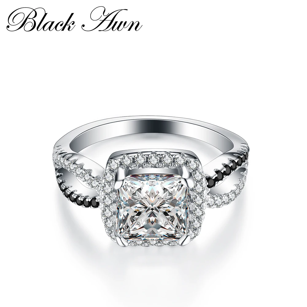 

Fashion 100% Genuine 925 Sterling Silver Ring Jewelry Square Black&White Stone Engagement Rings for Women Bague Bijoux C184