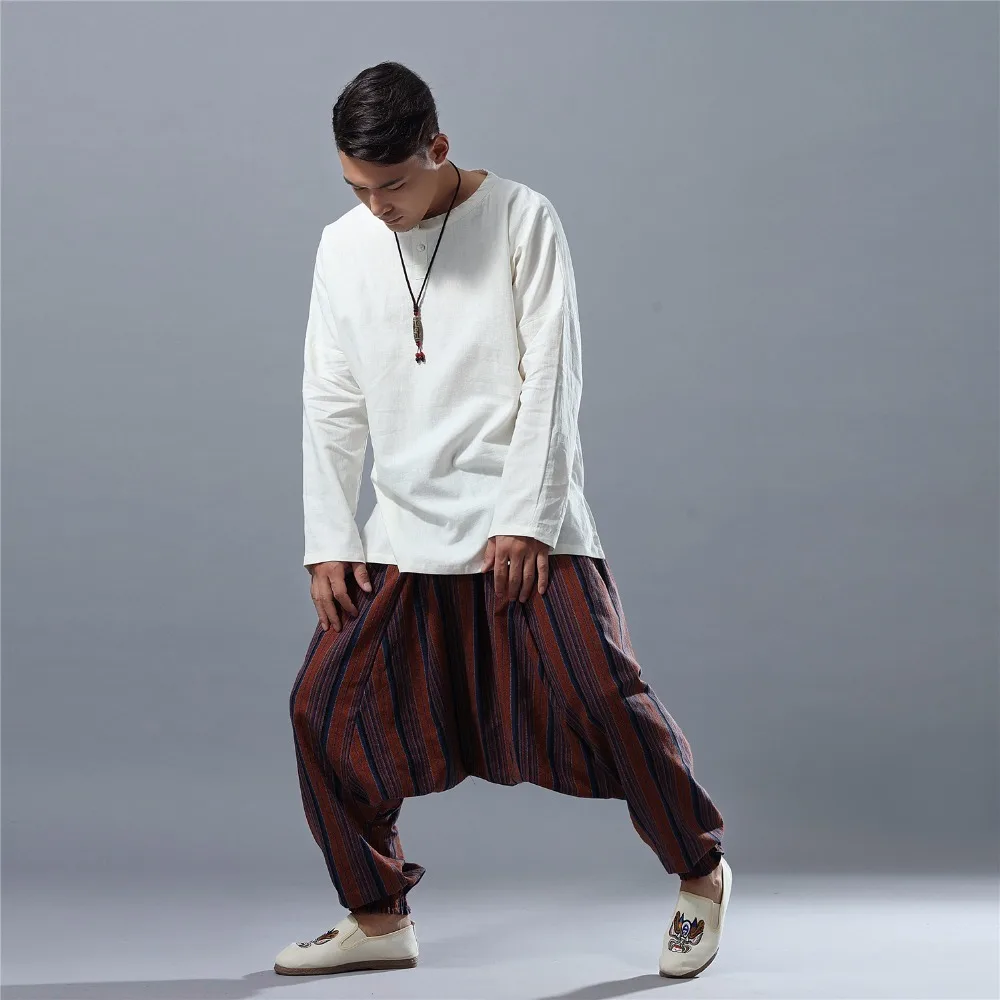 Men Stripe Linen Pants India Nepal Pattern Cotton Trousers Man Big crotch Pant Elastic Waist Leisure Yoga Harem Pants|yoga trousers|harem yoga
