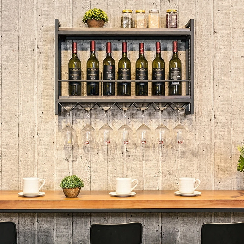 

Wine Rack Wall Hanging Shelf Display Iron Wood Wine Holder Goblet Rack