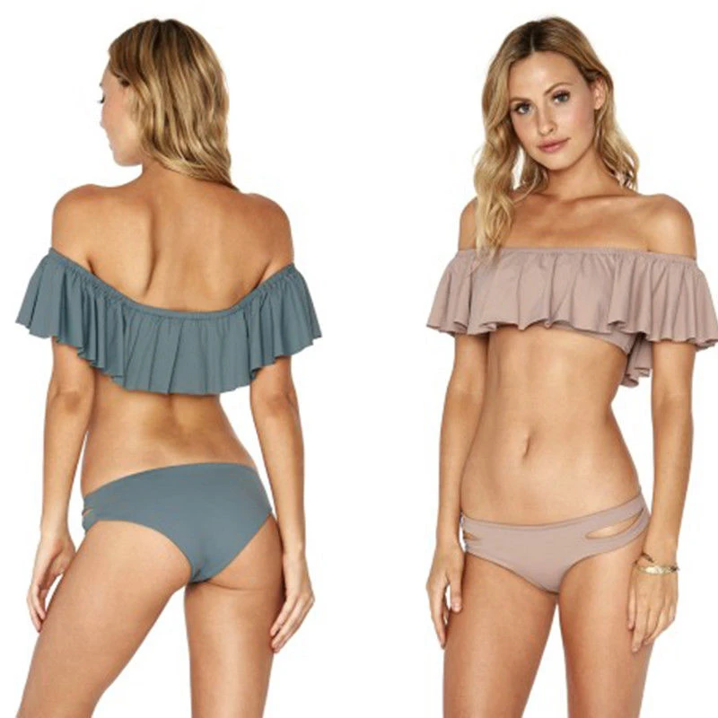 

Hot Women Bandeau Bathing Suit Ruffle Swimsuit Off-shoulder Swimwear Swim Bikini Set Two Pieces Pure Color Women's Swimming Suit