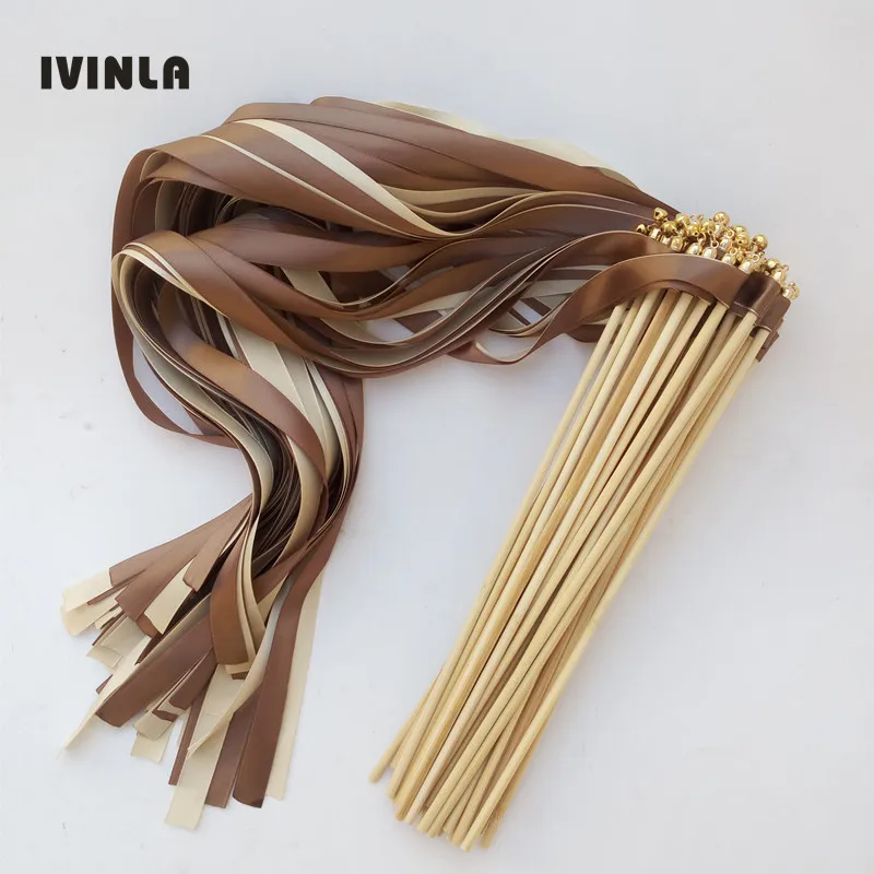 

50pcs/lot brown and cream wedding ribbon wands with gold bell ribbon Twirling Streamers wedding ribbon stick