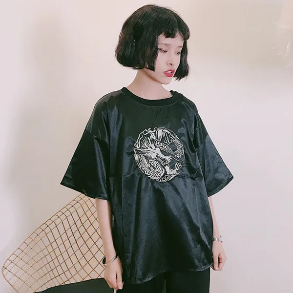 Женская летняя футболка Топ 2019 корейский стиль Ulzzang Harajuku винтажная вышивка