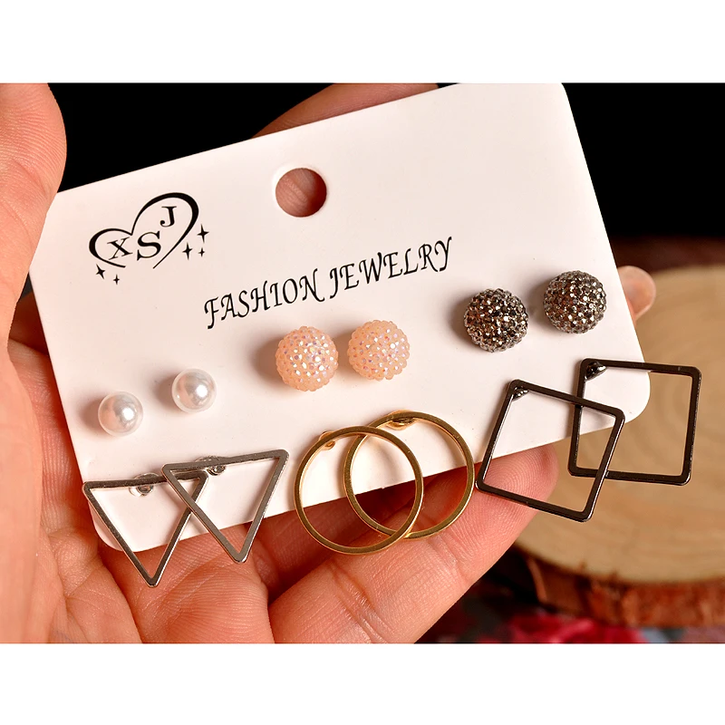 New fashion women accessories wholesale girls birthday party geometric stud mix-and-match 6 pairs /set earrings free of shipping | Украшения