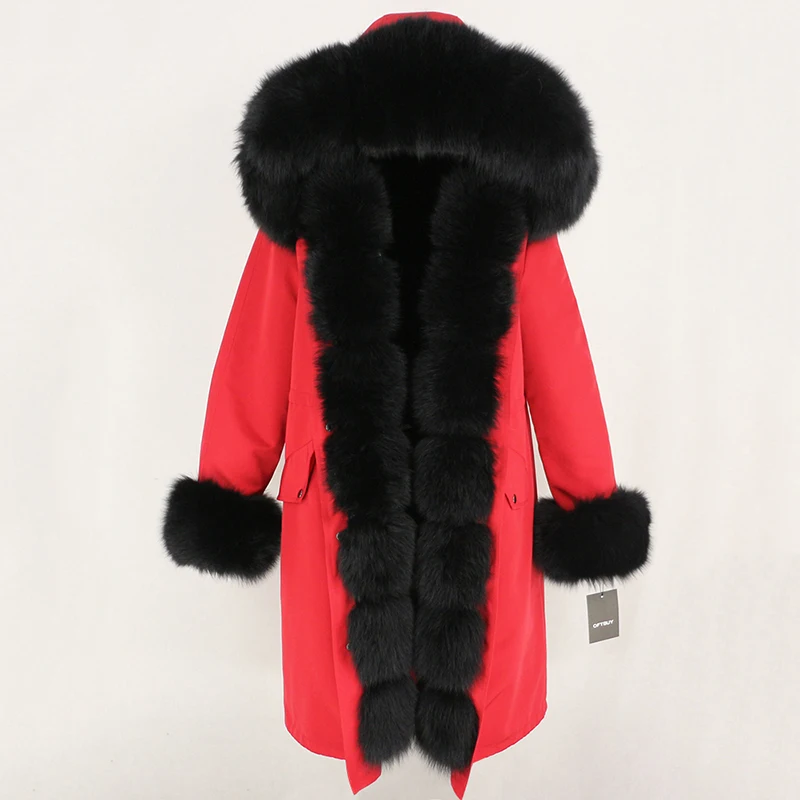 red black Женское пальто на меху с капюшоном OFTBUY, черная непромокаемая парка со съемным натуральным лисьим мехом на капюшоне, зима - Цвет: red black